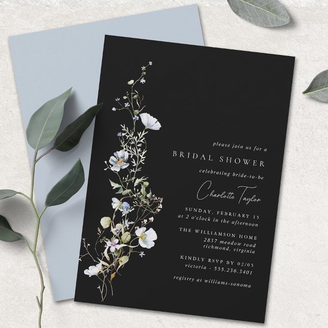 Airy Wildflower | Black Blue Floral Bridal Shower Invitation (Creator Uploaded)