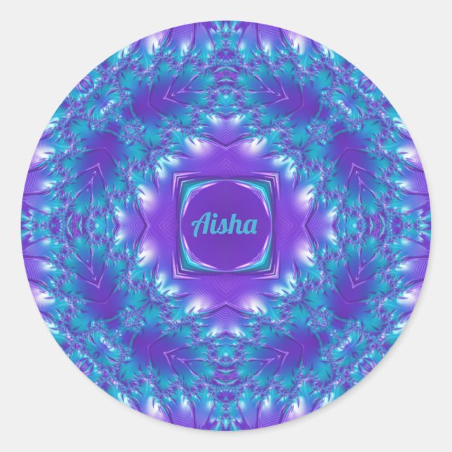AISHA ~ WOW PRETTY 3D! Aqua, Purple and White ~ Classic Round Sticker (Front)