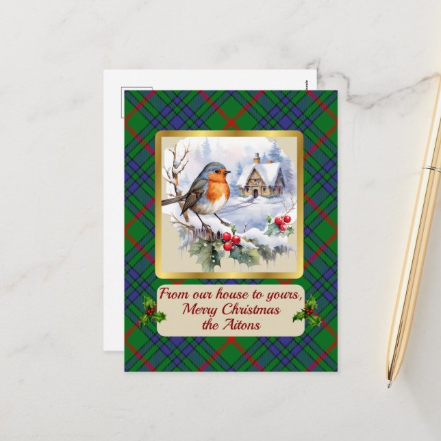 Aiton Tartan w/Robin Personalised   Holiday Postcard (Front/Back In Situ)