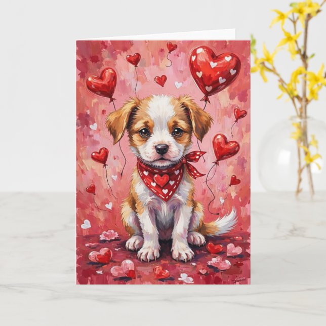 Akbash Valentine Dog Sitting with Hearts Red Card (Yellow Flower)
