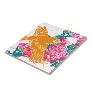 Akepa and Lehua Hawaiian pattern decor Pillow Ceramic Tile