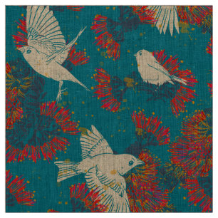 Akepa and Lehua Hawaiian pattern on Linen Fabric