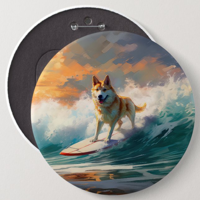 Akita Beach Surfing Painting 6 Cm Round Badge (Front & Back)