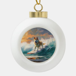 Akita Beach Surfing Painting Ceramic Ball Christmas Ornament