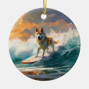 Akita Beach Surfing Painting Ceramic Ornament
