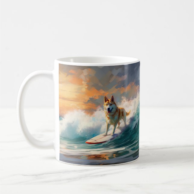 Akita Beach Surfing Painting Coffee Mug (Left)