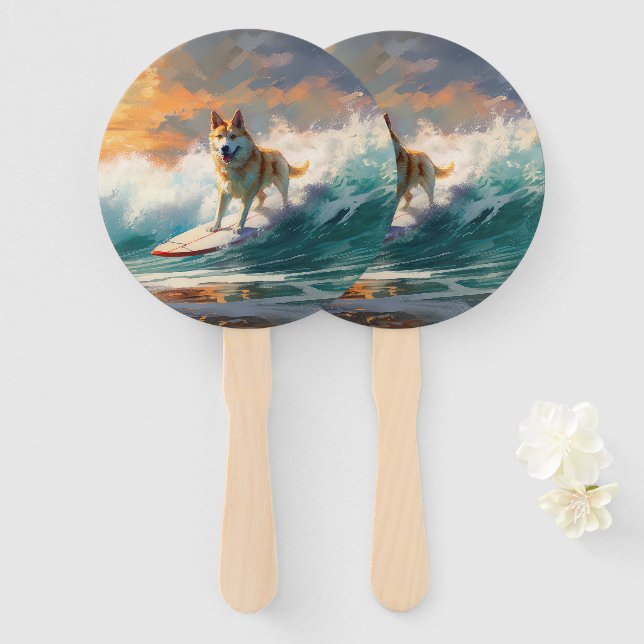 Akita Beach Surfing Painting Hand Fan (Front and Back)