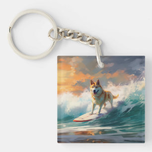 Akita Beach Surfing Painting Key Ring