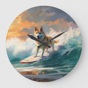 Akita Beach Surfing Painting Large Clock
