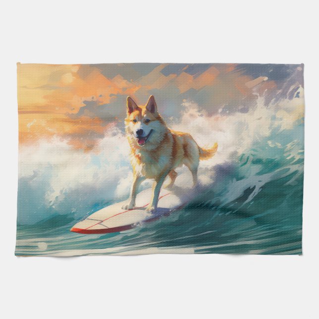 Akita Beach Surfing Painting Tea Towel (Horizontal)