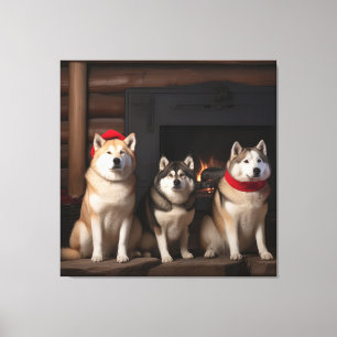 Akita by the Fireplace Christmas Canvas Print
