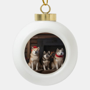Akita by the Fireplace Christmas  Ceramic Ball Christmas Ornament