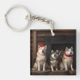 Akita by the Fireplace Christmas  Key Ring