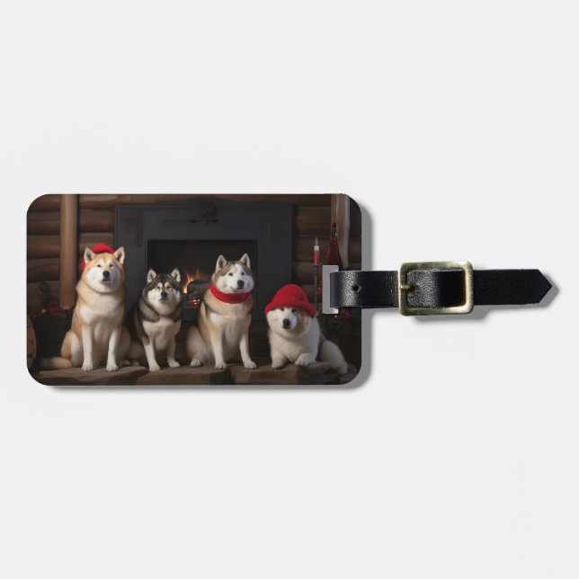 Akita by the Fireplace Christmas  Luggage Tag (Front Horizontal)