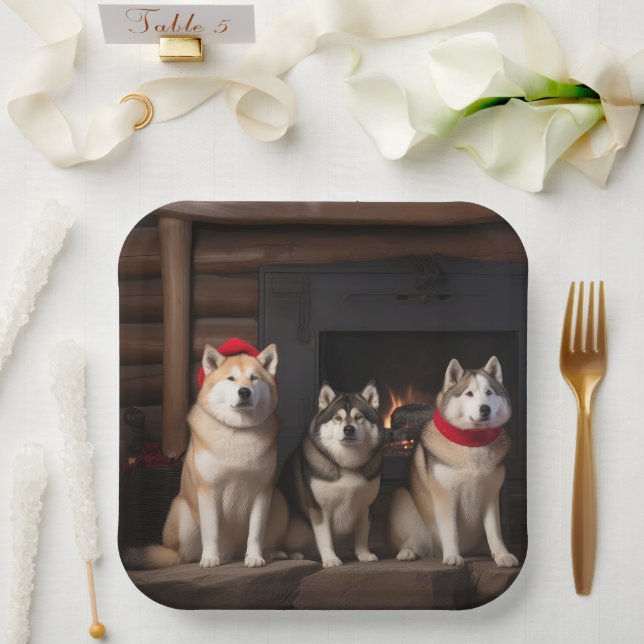 Akita by the Fireplace Christmas  Paper Plate (Wedding)