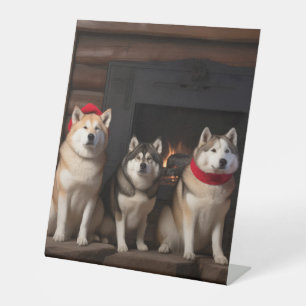 Akita by the Fireplace Christmas Pedestal Sign