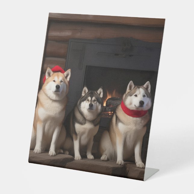 Akita by the Fireplace Christmas  Pedestal Sign (Front)