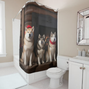 Akita by the Fireplace Christmas  Shower Curtain