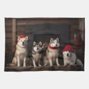 Akita by the Fireplace Christmas Tea Towel