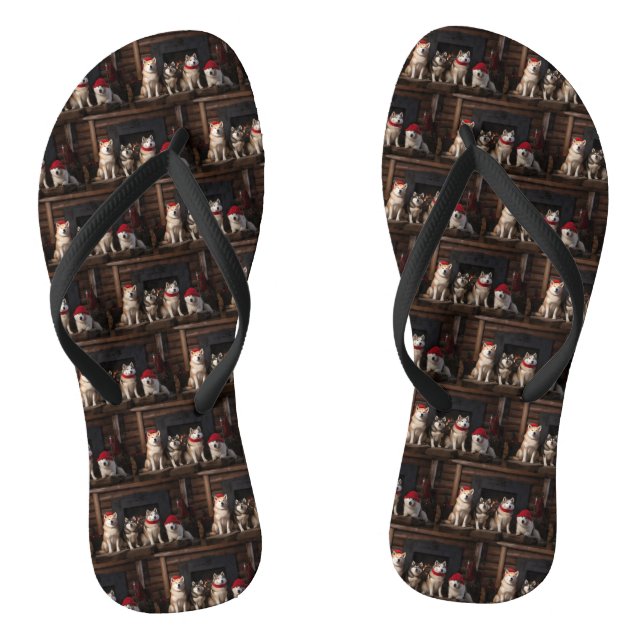 Akita by the Fireplace Christmas  Thongs (Footbed)