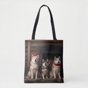 Akita by the Fireplace Christmas Tote Bag