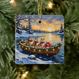 Akita Christmas Boat Holiday Ceramic Ornament