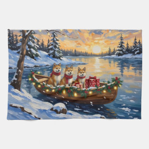 Akita Christmas Boat Holiday Tea Towel