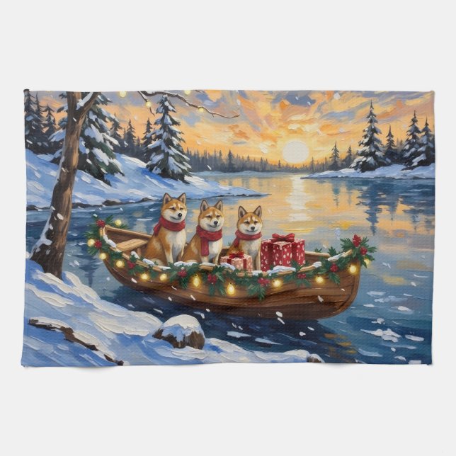 Akita Christmas Boat Holiday Tea Towel (Horizontal)