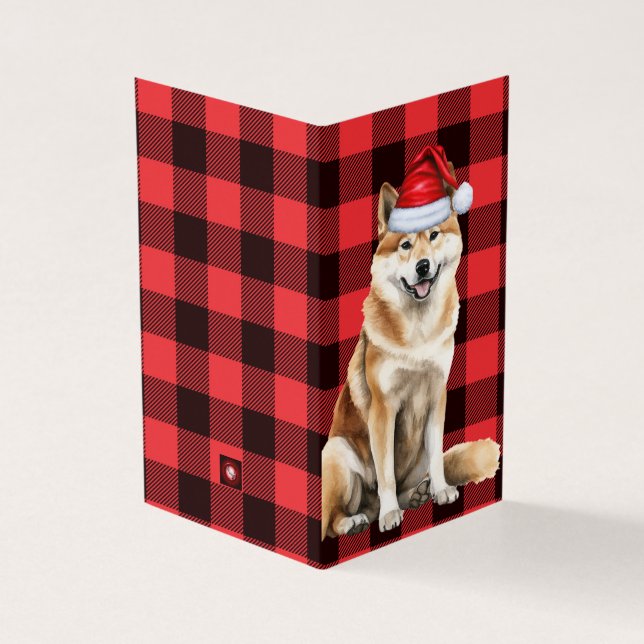 Akita Christmas Dog with Holiday Buffalo Plaid (Outside)
