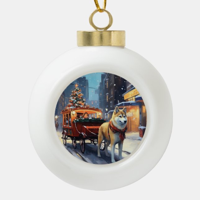 Akita Christmas Festive Season Ceramic Ball Christmas Ornament (Front)