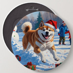 Akita Christmas Festive Snow Scene 6 Cm Round Badge