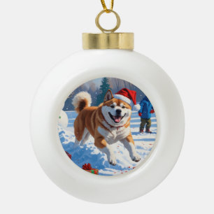Akita Christmas Festive Snow Scene  Ceramic Ball Christmas Ornament