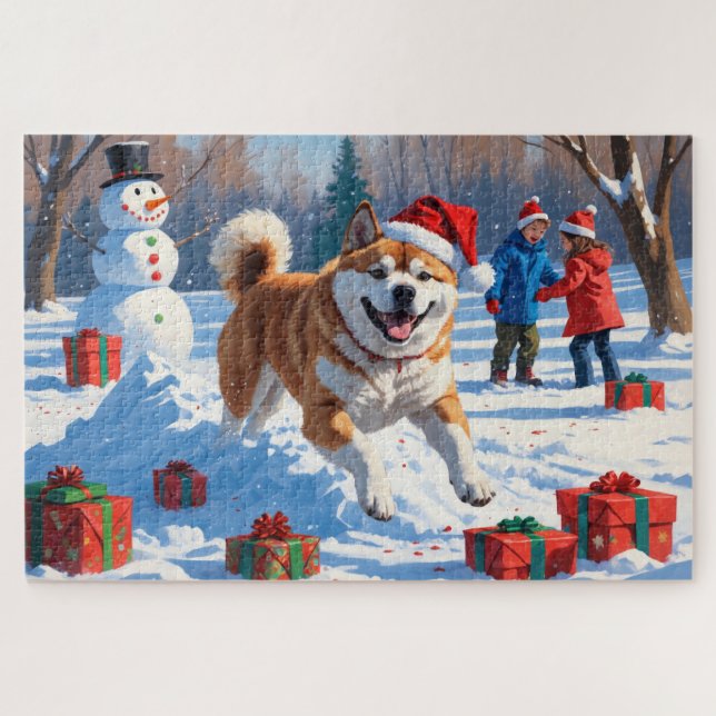 Akita Christmas Festive Snow Scene  Jigsaw Puzzle (Horizontal)