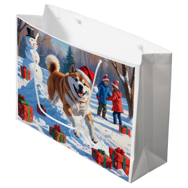 Akita Christmas Festive Snow Scene  Large Gift Bag (Front Angled)