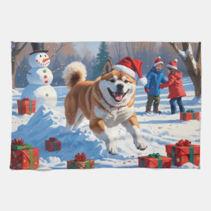 Akita Christmas Festive Snow Scene Tea Towel
