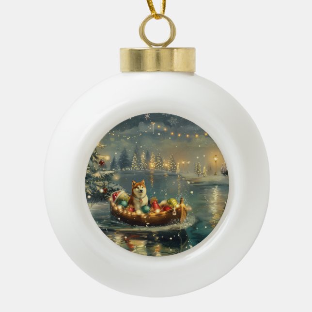 Akita Christmas Festive Voyage Ceramic Ball Christmas Ornament (Front)