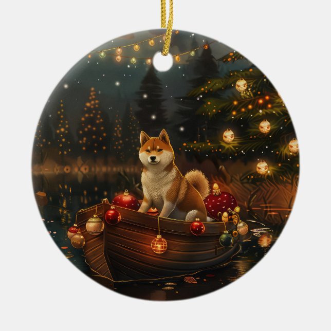 Akita Christmas Festive Voyage Ceramic Ornament (Front)