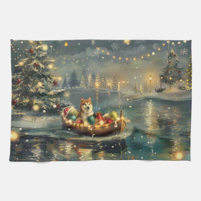 Akita Christmas Festive Voyage Tea Towel (Horizontal)