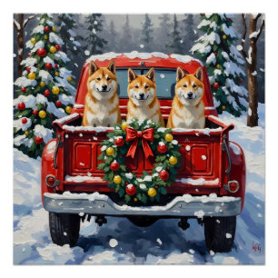 Akita Christmas Red Truck Holiday Poster