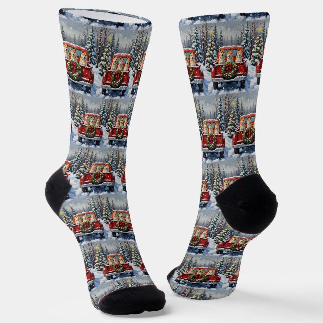 Akita Christmas Red Truck Holiday Socks (Angled)
