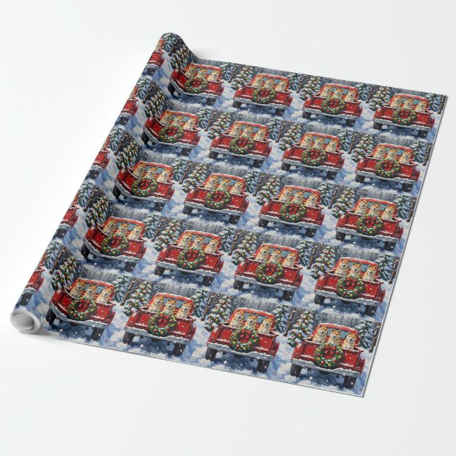 Akita Christmas Red Truck Holiday Wrapping Paper (Unrolled)