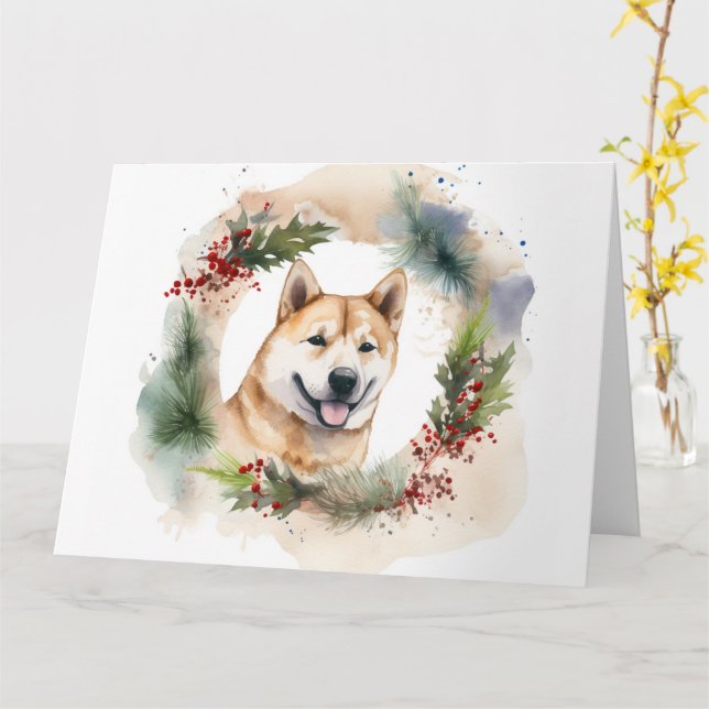 Akita Christmas Wreath Festive Pup Card (Yellow Flower)