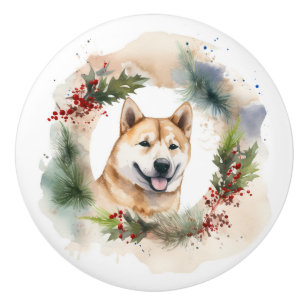 Akita Christmas Wreath Festive Pup Ceramic Knob