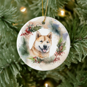 Akita Christmas Wreath Festive Pup Ceramic Ornament