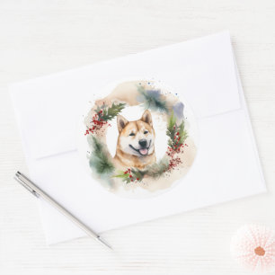 Akita Christmas Wreath Festive Pup Classic Round Sticker