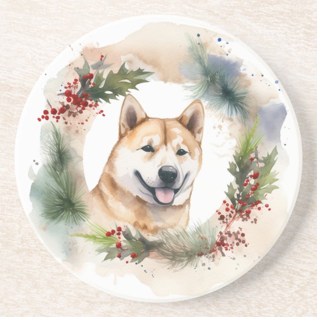 Akita Christmas Wreath Festive Pup Coaster (Front)