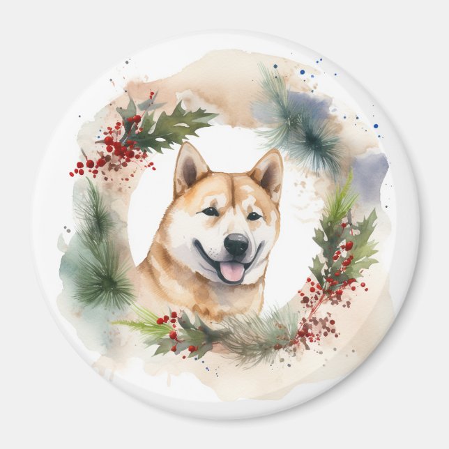 Akita Christmas Wreath Festive Pup Magnet (Front)