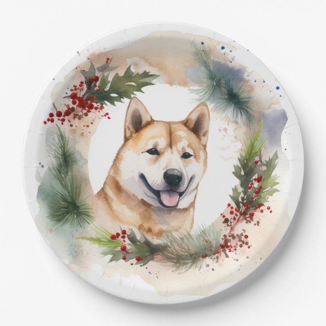 Akita Christmas Wreath Festive Pup Paper Plate (Front)