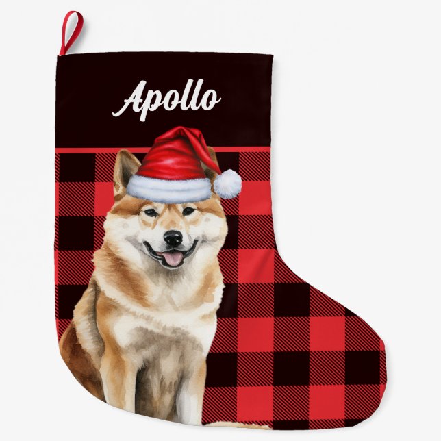 Akita Cute Dog Red Buffalo Plaid with Name Large Christmas Stocking (Front)
