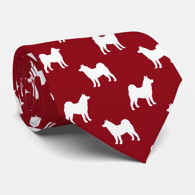 Akita Dog Breed Silhouettes Pattern Red and White Tie (Rolled)